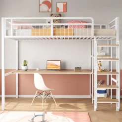 Lit mezzanine 90x200 cm enfant métal, bureau et étagères intégrés, échelle de sécurité, garde-corps métal, blanc - Sans matelas