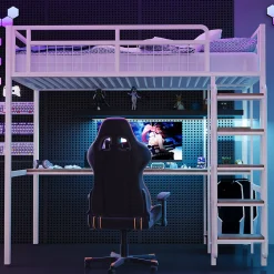 Lit mezzanine 90x200 cm enfant métal, bureau et étagères intégrés, échelle de sécurité, garde-corps métal, blanc - Sans matelas