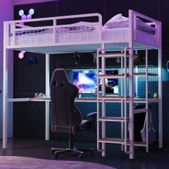 Lit mezzanine 90x200 cm enfant métal, bureau et étagères intégrés, échelle de sécurité, garde-corps métal, blanc - Sans matelas