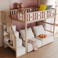 Lit mezzanine 90x200 cm enfant avec escalier intégré et sécurité, décor lune et étoiles, bois massif blanc et bois sans matelas