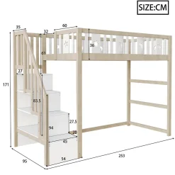 Lit mezzanine 90x200 cm enfant avec escalier intégré et sécurité, décor lune et étoiles, bois massif blanc et bois sans matelas