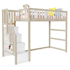 Lit mezzanine 90x200 cm enfant avec escalier intégré et sécurité, décor lune et étoiles, bois massif blanc et bois sans matelas