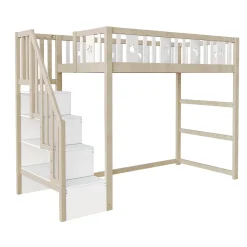 Lit mezzanine 90x200 cm enfant avec escalier intégré et sécurité, décor lune et étoiles, bois massif blanc et bois sans matelas