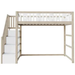 Lit mezzanine 90x200 cm enfant avec escalier intégré et sécurité, décor lune et étoiles, bois massif blanc et bois sans matelas