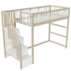 Lit mezzanine 90x200 cm enfant avec escalier intégré et sécurité, décor lune et étoiles, bois massif blanc et bois sans matelas
