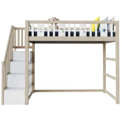Lit mezzanine 90x200 cm enfant avec escalier intégré et sécurité, décor lune et étoiles, bois massif blanc et bois sans matelas
