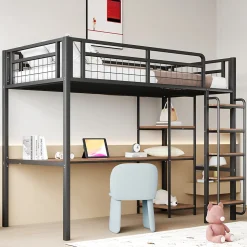 Lit mezzanine 90x200 cm enfant métal, bureau et étagères intégrés, échelle de sécurité, garde-corps métal, noir - Sans matelas