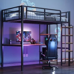 Lit mezzanine 90x200 cm enfant métal, bureau et étagères intégrés, échelle de sécurité, garde-corps métal, noir - Sans matelas