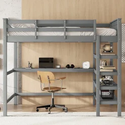 Lit mezzanine 140x200 cm gris sans matelas avec bureau integre et etageres pour chambre enfant