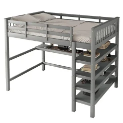 Lit mezzanine 140x200 cm gris sans matelas avec bureau integre et etageres pour chambre enfant