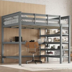 Lit mezzanine 140x200 cm gris sans matelas avec bureau integre et etageres pour chambre enfant