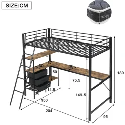 Lit Mezzanine 90x200 cm, Lit Ado en Métal avec Grand Bureau 2 m et 3 Tiroirs de Rangement, Style Industriel - Noir + Noyer Foncé