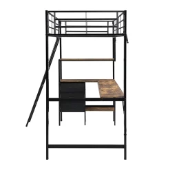 Lit Mezzanine 90x200 cm, Lit Ado en Métal avec Grand Bureau 2 m et 3 Tiroirs de Rangement, Style Industriel - Noir + Noyer Foncé