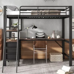 Lit Mezzanine 90x200 cm, Lit Ado en Métal avec Grand Bureau 2 m et 3 Tiroirs de Rangement, Style Industriel - Noir + Noyer Foncé
