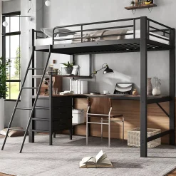 Lit Mezzanine 90x200 cm, Lit Ado en Métal avec Grand Bureau 2 m et 3 Tiroirs de Rangement, Style Industriel - Noir + Noyer Foncé