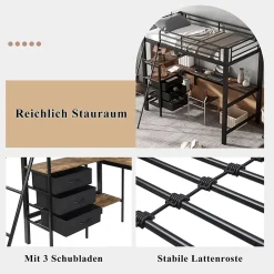 Lit Mezzanine 90x200 cm, Lit Ado en Métal avec Grand Bureau 2 m et 3 Tiroirs de Rangement, Style Industriel - Noir + Noyer Foncé
