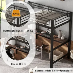 Lit Mezzanine 90x200 cm, Lit Ado en Métal avec Grand Bureau 2 m et 3 Tiroirs de Rangement, Style Industriel - Noir + Noyer Foncé