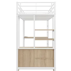 Lit Mezzanine 90x200 cm, Lit Ado en Métal avec Bureau et Prises USB, Rangements Ouverts Intégrés - Blanc