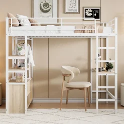 Lit Mezzanine 90x200 cm, Lit Ado en Métal avec Bureau et Prises USB, Rangements Ouverts Intégrés - Blanc