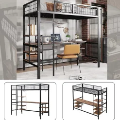 Lit Mezzanine 90x200 cm, Lit Ado en Métal avec Bureau et Étagères Intégrées, Style Industriel Gain de Place - Noir