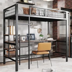 Lit Mezzanine 90x200 cm, Lit Ado en Métal avec Bureau et Étagères Intégrées, Style Industriel Gain de Place - Noir