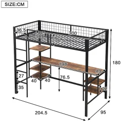 Lit Mezzanine 90x200 cm, Lit Ado en Métal avec Bureau et Étagères Intégrées, Style Industriel Gain de Place - Noir