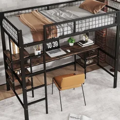 Lit Mezzanine 90x200 cm, Lit Ado en Métal avec Bureau et Étagères Intégrées, Style Industriel Gain de Place - Noir