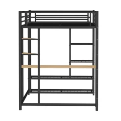 Lit Mezzanine 140x200 cm, Lit Double Ado avec Bureau Intégré et Échelle Sécurisée, Structure Métal et MDF, Sans Matelas - Noir