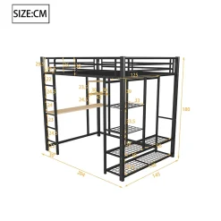 Lit Mezzanine 140x200 cm, Lit Double Ado avec Bureau Intégré et Échelle Sécurisée, Structure Métal et MDF, Sans Matelas - Noir