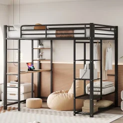 Lit Mezzanine 140x200 cm, Lit Double Ado avec Bureau Intégré et Échelle Sécurisée, Structure Métal et MDF, Sans Matelas - Noir