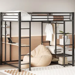 Lit Mezzanine 140x200 cm, Lit Double Ado avec Bureau Intégré et Échelle Sécurisée, Structure Métal et MDF, Sans Matelas - Noir