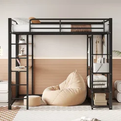 Lit Mezzanine 140x200 cm, Lit Double Ado avec Bureau Intégré et Échelle Sécurisée, Structure Métal et MDF, Sans Matelas - Noir