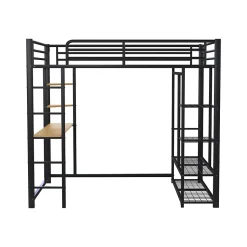 Lit Mezzanine 140x200 cm, Lit Double Ado avec Bureau Intégré et Échelle Sécurisée, Structure Métal et MDF, Sans Matelas - Noir