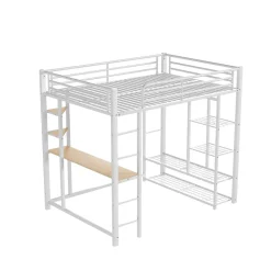 Lit Mezzanine 140x200 cm, Lit Double Ado avec Bureau Intégré et Échelle Sécurisée, Structure Métal et MDF, Sans Matelas - Blanc