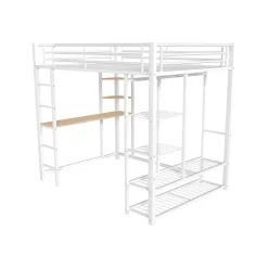 Lit Mezzanine 140x200 cm, Lit Double Ado avec Bureau Intégré et Échelle Sécurisée, Structure Métal et MDF, Sans Matelas - Blanc