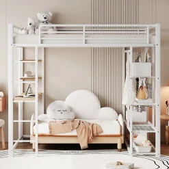 Lit Mezzanine 140x200 cm, Lit Double Ado avec Bureau Intégré et Échelle Sécurisée, Structure Métal et MDF, Sans Matelas - Blanc