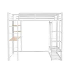 Lit Mezzanine 140x200 cm, Lit Double Ado avec Bureau Intégré et Échelle Sécurisée, Structure Métal et MDF, Sans Matelas - Blanc