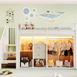Lit Mezzanine 90x200 cm, Lit Enfant avec Éclairage LED, Armoire Ouverte, Escalier et Barre de Sécurité - Sans Matelas - Blanc