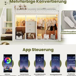 Lit Mezzanine 90x200 cm, Lit Enfant avec Éclairage LED, Armoire Ouverte, Escalier et Barre de Sécurité - Sans Matelas - Blanc