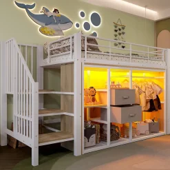 Lit Mezzanine 90x200 cm, Lit Enfant avec Éclairage LED, Armoire Ouverte, Escalier et Barre de Sécurité - Sans Matelas - Blanc