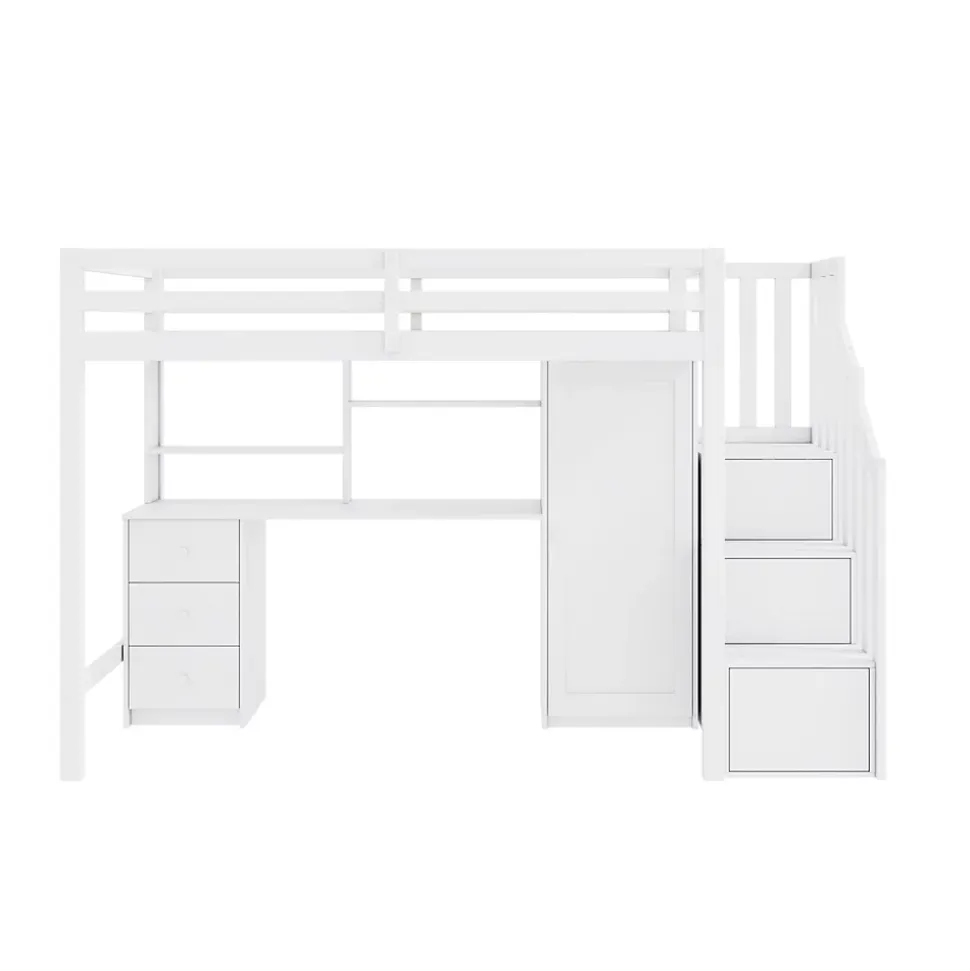 Lit Mezzanine 90x200 cm, Lit Enfant avec Bureau et Armoire, Escalier Rangement et Tiroirs, en MDF, Blanc - sans Matelas