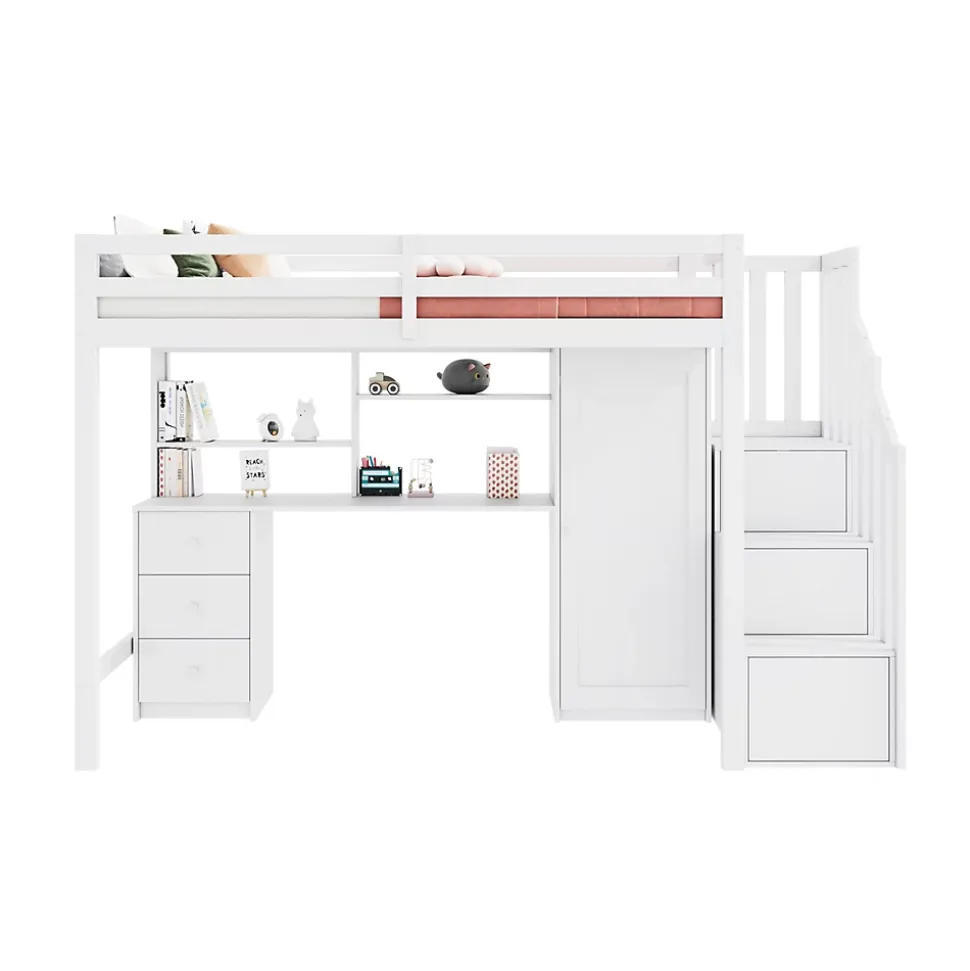 Lit Mezzanine 90x200 cm, Lit Enfant avec Bureau et Armoire, Escalier Rangement et Tiroirs, en MDF, Blanc - sans Matelas