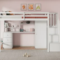 Lit Mezzanine 90x200 cm, Lit Enfant avec Bureau et Armoire, Escalier Rangement et Tiroirs, en MDF, Blanc - sans Matelas