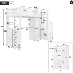 Lit Mezzanine 90x200 cm, Lit Enfant avec Bureau et Armoire, Escalier Rangement et Tiroirs, en MDF, Blanc - sans Matelas