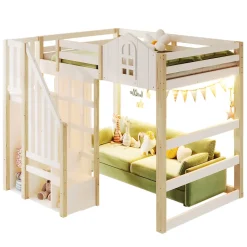 Lit Mezzanine 140x200 cm, Lit Enfant et Ado, avec LED et Échelle Rangement, Pin et MDF, sans Matelas - Blanc et Naturel