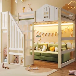 Lit Mezzanine 140x200 cm, Lit Enfant et Ado, avec LED et Échelle Rangement, Pin et MDF, sans Matelas - Blanc et Naturel