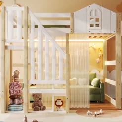 Lit Mezzanine 140x200 cm, Lit Enfant et Ado, avec LED et Échelle Rangement, Pin et MDF, sans Matelas - Blanc et Naturel