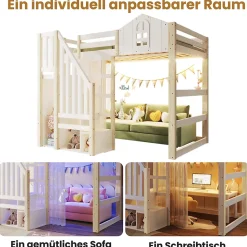 Lit Mezzanine 140x200 cm, Lit Enfant et Ado, avec LED et Échelle Rangement, Pin et MDF, sans Matelas - Blanc et Naturel