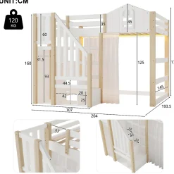 Lit Mezzanine 140x200 cm, Lit Enfant et Ado, avec LED et Échelle Rangement, Pin et MDF, sans Matelas - Blanc et Naturel