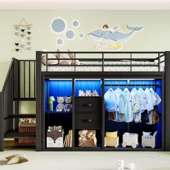 Lit Mezzanine 90x200 cm, Lit Enfant Simple avec LED et 2 Tiroirs, Armoire Ouverte, Métal MDF, Sans Matelas, Noir